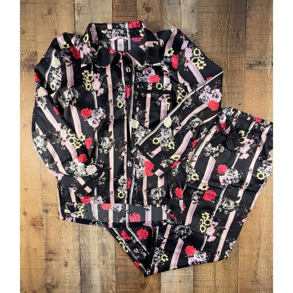 Victoria's Secret Floral Stripe Silky Satin Pajama Set Women's M Black Pink